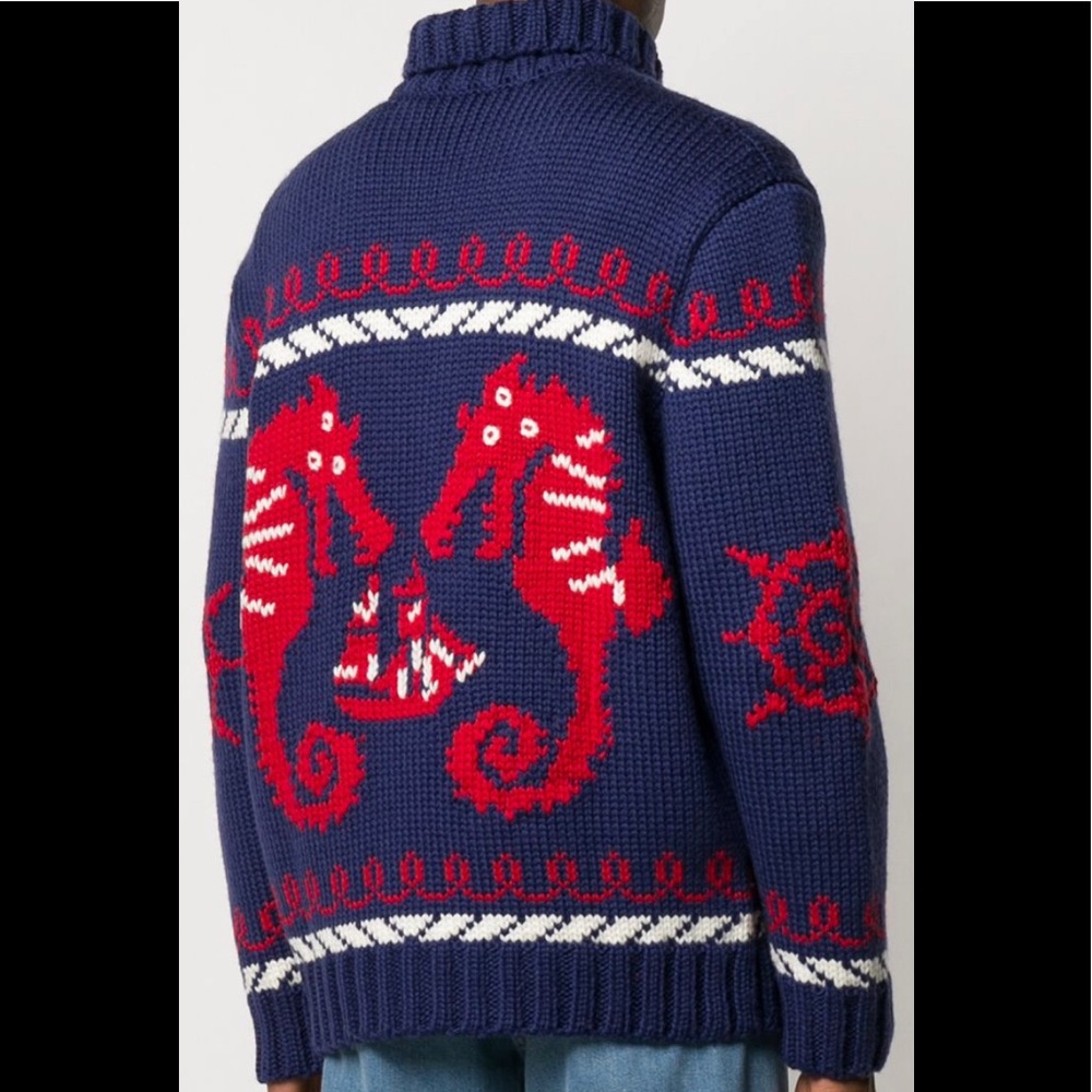Gucci Blue Knitted Wool Bomber Sweater Size L - Picture 3 of 12